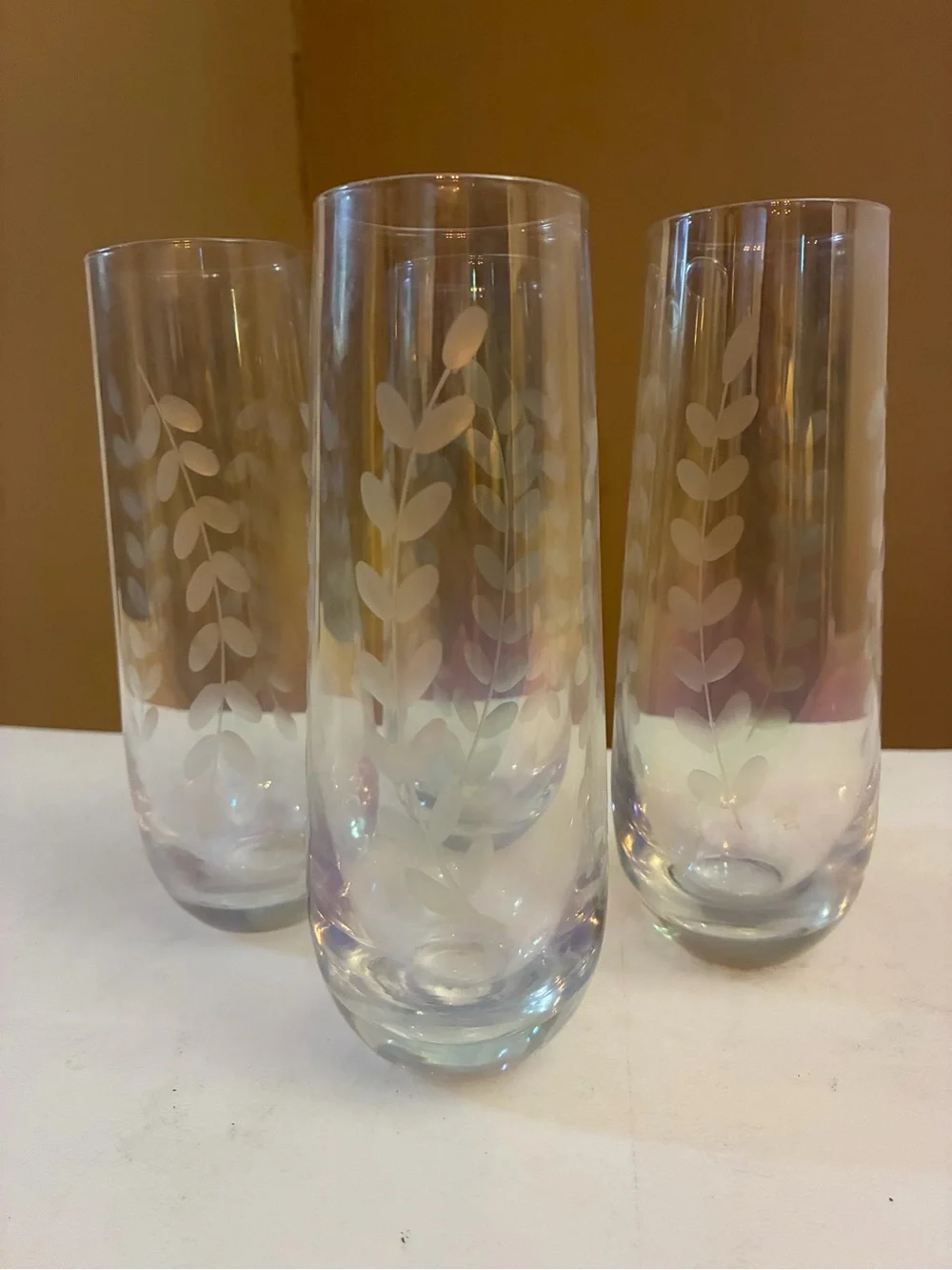 Set of 4 Indigo Etched Vine Botanical Stemless Champagne Flutes Wine Glasses